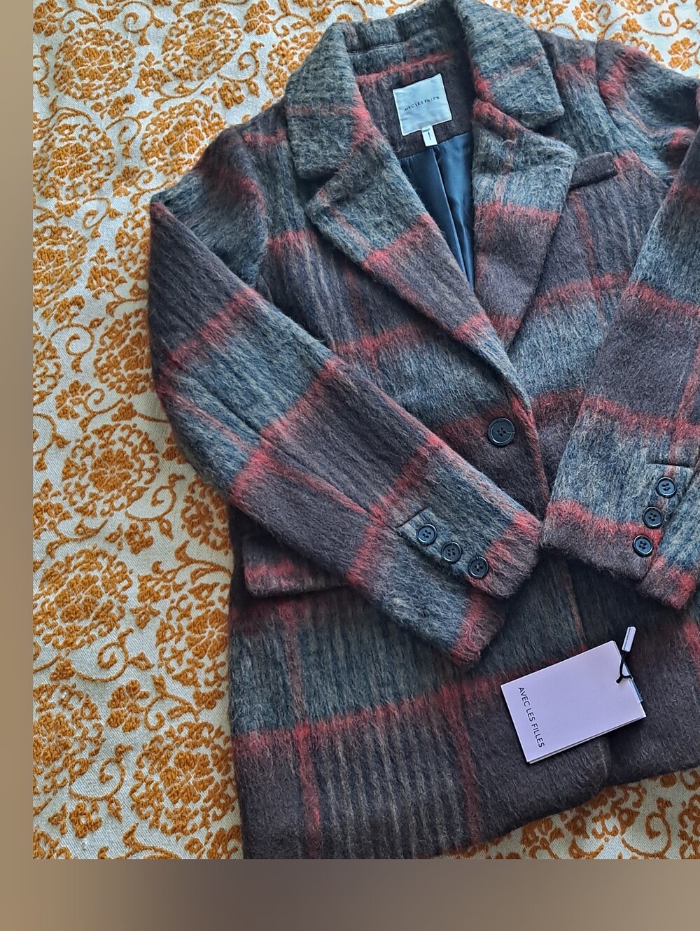 NWT Avec Les Filles Brown & Red Plaid Brushed Blazer, SIZE M
